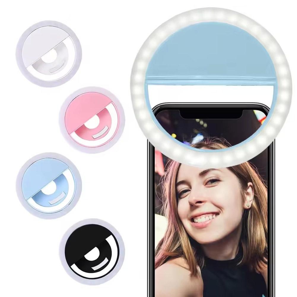 Photography Lighting Description - Clip-on selfie ringlamp, oplaadbaar via USB,